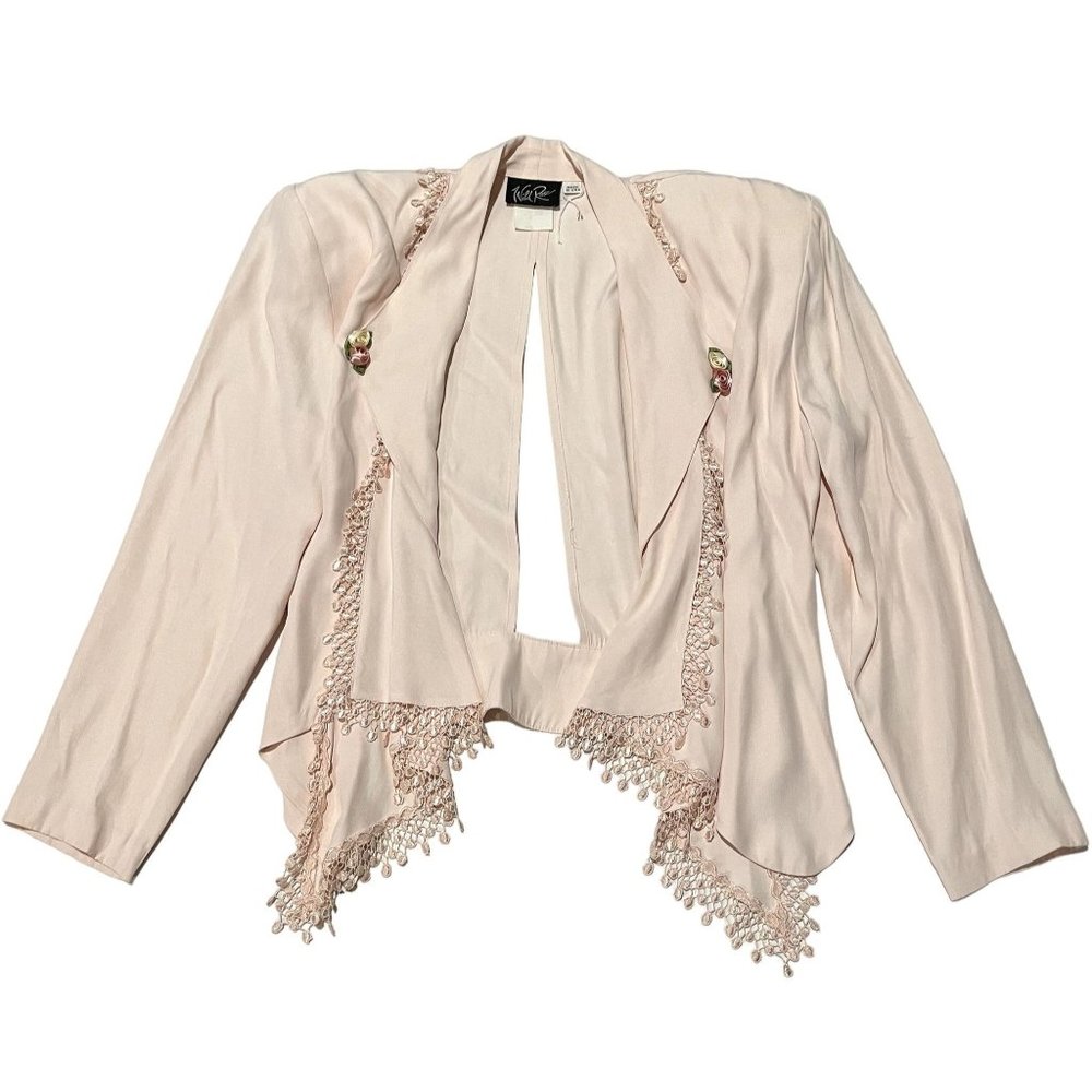 Wild Rose Vintage 80s‎ Open Back Lace Trim Blazer Blush Pink Boho Coquette 8 U1